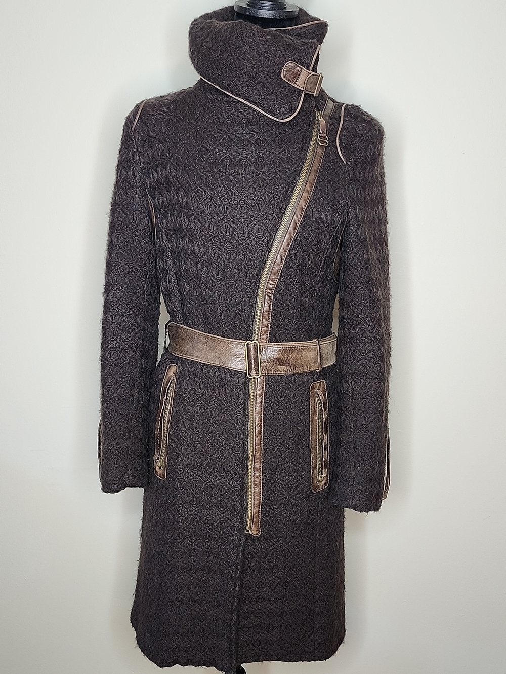 RUDSAK 80% Wool Leather Trim Belted Asymmetrical Zip Midi Coat M